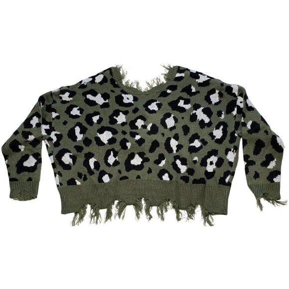 Polly & Esther Sweater Top Women's LARGE Green Black Destructed Cropped Frayed - Picture 6 of 12